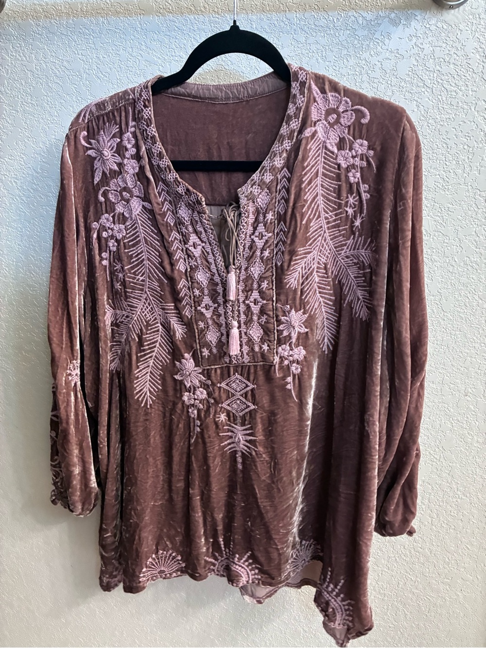 Johnny Was Rose-Tone Embroidered Velvet Tunic